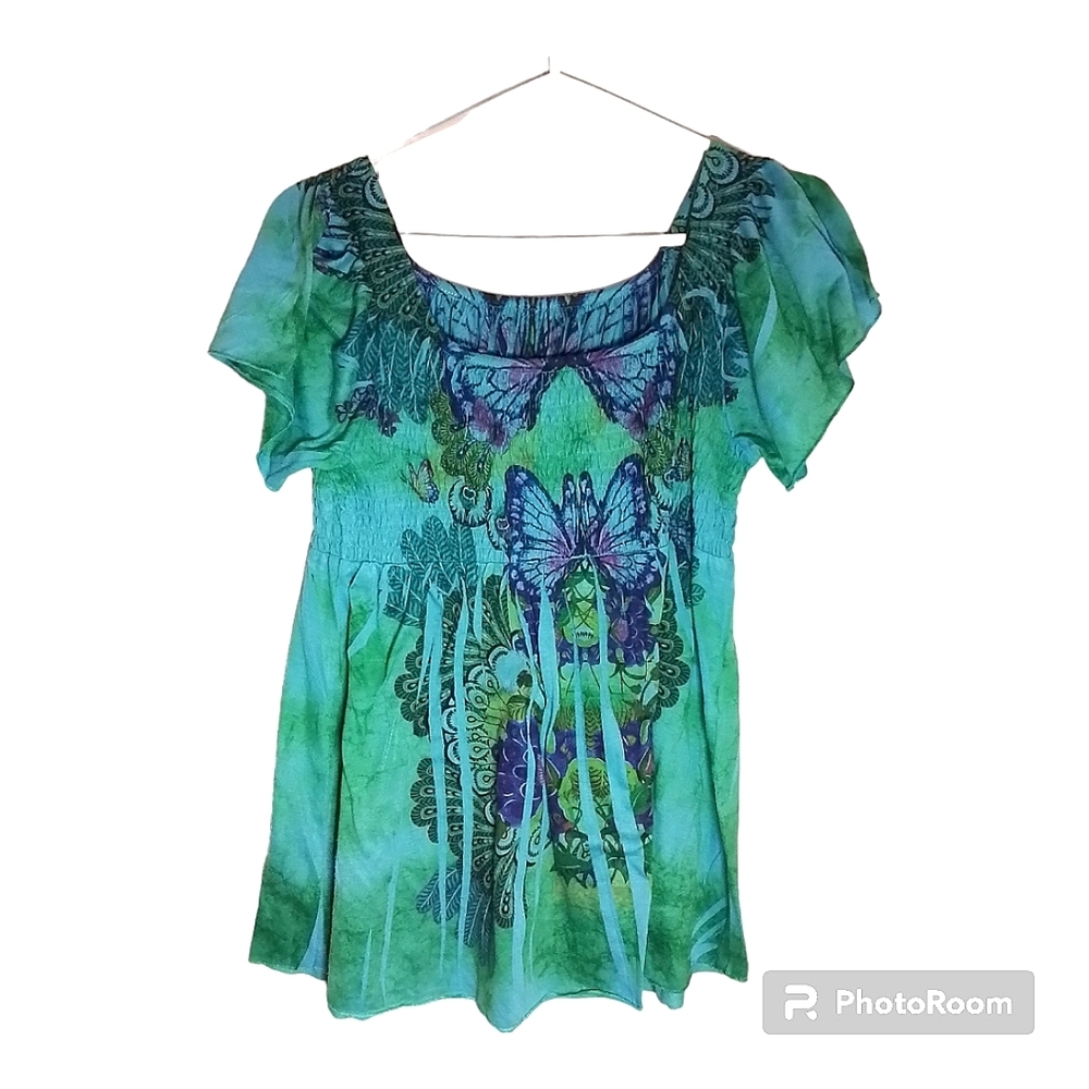 WOMENS MEDIUM GREEN AND BLUE BUTTERFLY SHIRT
